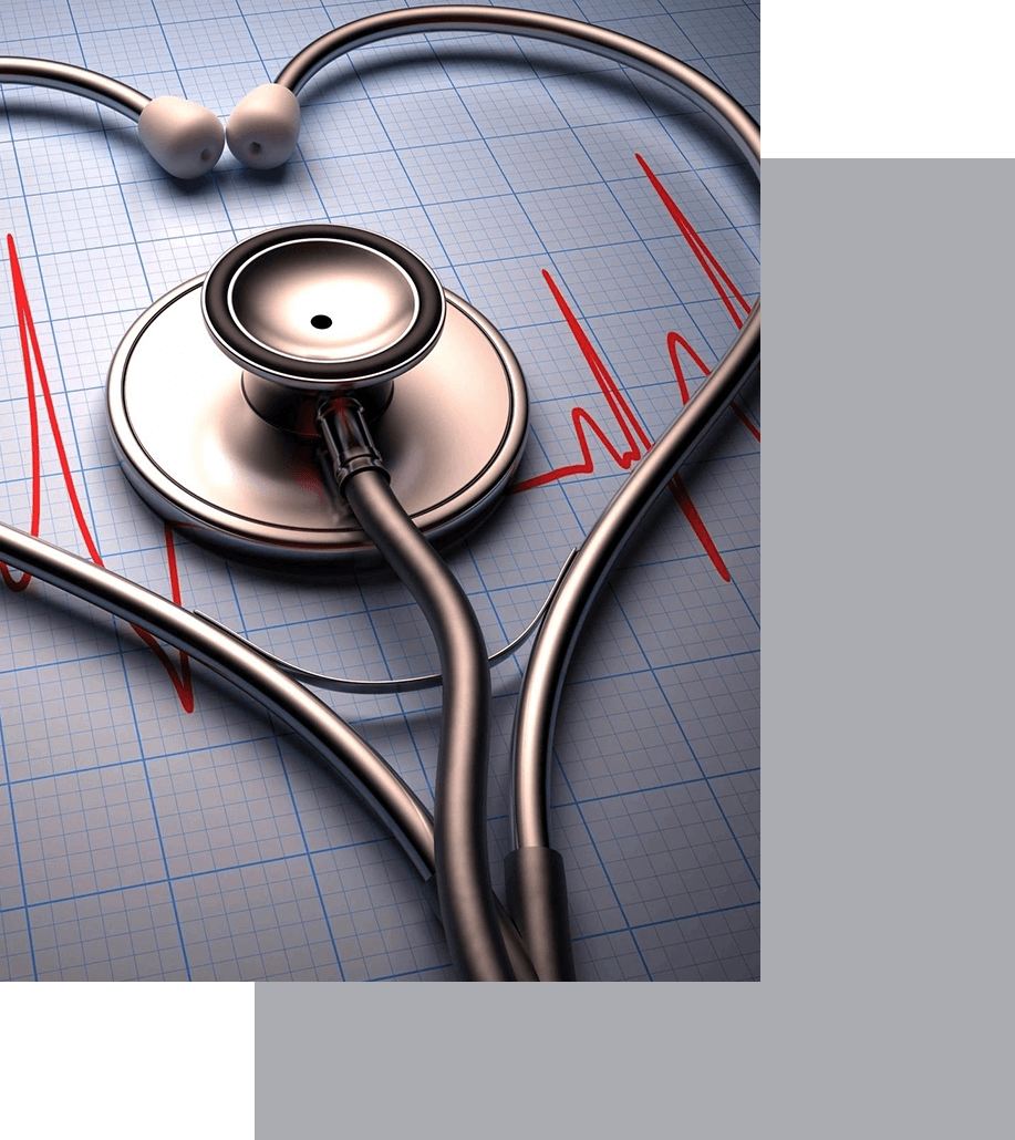 A stethoscope is shown on top of a heart.